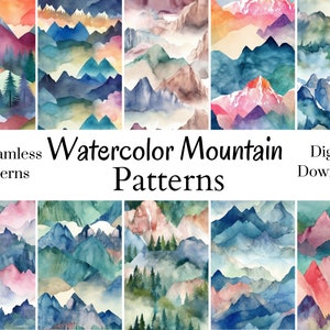 Watercolor Mountain Backgrounds, 10 Digital Papers, Landscape Seamless Patterns, Printable Textures For Scrapbooking, Crafts, Tumbler Wrap