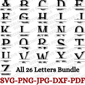 Letras de monograma divididas, alfabeto completo, paquete de descarga digital instantánea y archivos de corte, contorno de sombra