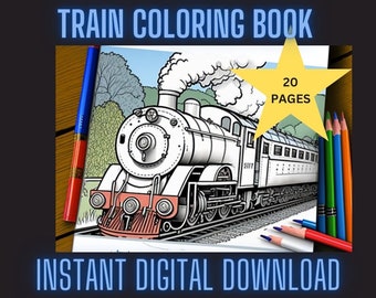 Puede incluir: Un libro para colorear en blanco y negro con un tren con una locomotora de vapor. El libro es de tamaño A4 y tiene 20 páginas. La imagen también muestra lápices de colores y un bolígrafo azul.