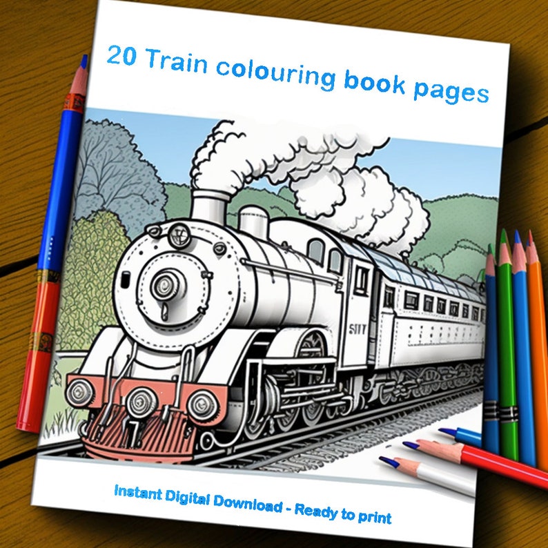 Train Colouring Book Digital Download, 20 Printable A4 Pages of Trains
