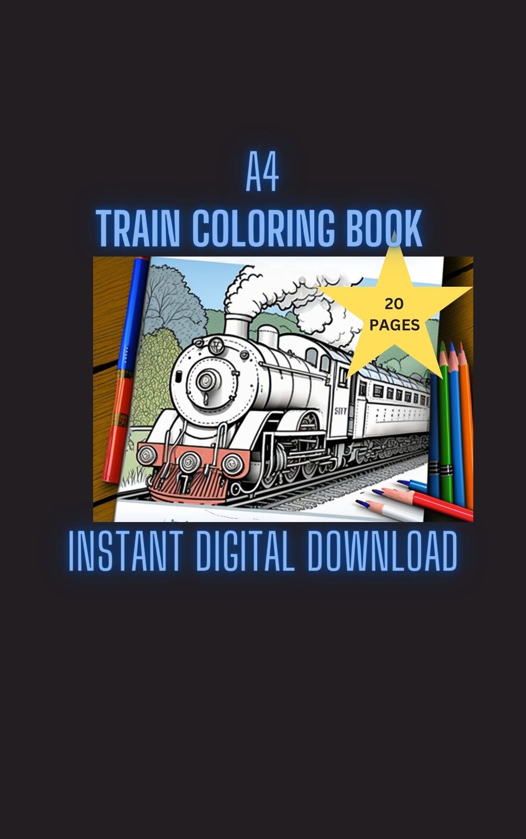 Train Colouring Book Digital Download, 20 Printable A4 Pages of Trains