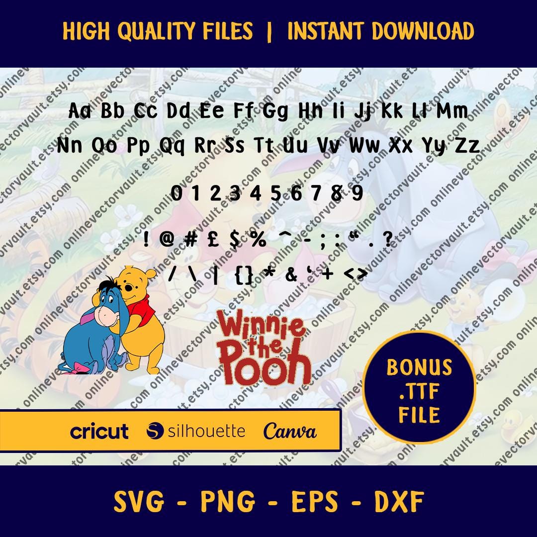Winnie Lettering Winnie the Pooh Alphabet Font SVG: ABC Vector Files (TTF Bonus) - Etsy