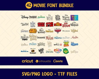 Cartoon Movie Font Bundle: SVG, PNG, TTF Cricut Cutting Canva (Digital Download) Disney Princess Pixar Stitch Cars Frozen Toy Story