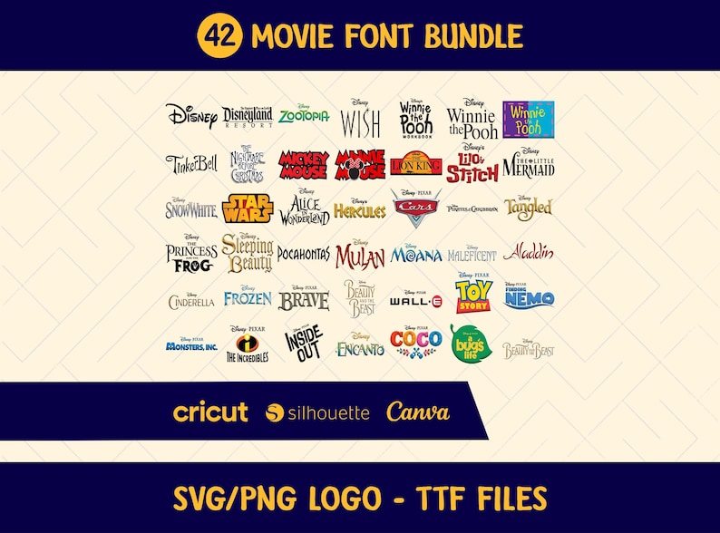 Ttf File:logo Cartoon Movie Font Bundle: SVG, PNG, TTF Cricut Cutting Canva (digital ...