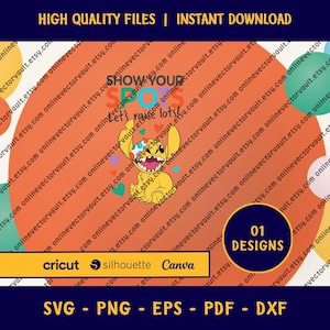 Può includere: Design digitale con un personaggio dei cartoni animati giallo con il testo "SHOW YOUR SPOTS, Let's raise lots!" e un cerchio con "01 DESIGNS". Include i formati di file SVG, PNG, EPS, PDF e DXF. Compatibile con Cricut, Silhouette e Canva.