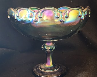 Indiana Blue Iridescent Carnival Glass Pedestal Large Fruit Bowl
