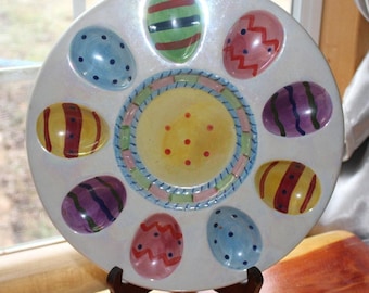 Easter Deviled Egg Tray Plate Round Colorful Iridescent Look 9 Egg Wells Center