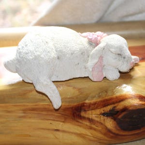 May include: A white bunny figurine with pink accents, including the inner ears and a small flower arrangement on its back. The bunny is lying down, appearing asleep, on a wooden surface. The figurine has a textured surface and is detailed.