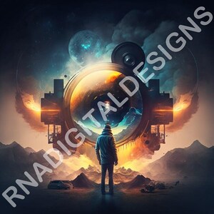 Könnte beinhalten: Eine Person steht vor einem großen, leuchtenden, kreisförmigen Objekt mit einer Linse. Das Objekt ist von einem dunklen, bewölkten Himmel mit Sternen und einem Planeten im Hintergrund umgeben. Die Person trägt eine dunkle Jacke und eine Hose. Die Szene spielt in einer Wüstenlandschaft mit Bergen in der Ferne.