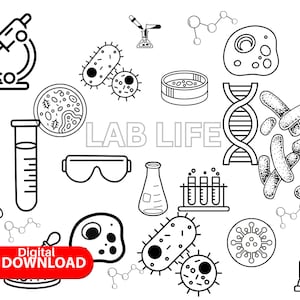 Puede incluir: Ilustraci&oacute;n en blanco y negro de l&iacute;nea de arte de equipo de laboratorio y objetos cient&iacute;ficos, incluyendo microscopios, vasos de precipitados, tubos de ensayo, placas de Petri, bacterias y ADN. El texto "LAB LIFE" est&aacute; escrito en el centro de la imagen.