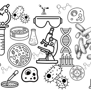 Puede incluir: Una ilustraci&oacute;n en blanco y negro de varios equipos de laboratorio cient&iacute;fico, incluidos microscopios, placas de Petri, vasos de precipitados, tubos de ensayo y bacterias. La ilustraci&oacute;n es una gran ayuda visual para la educaci&oacute;n cient&iacute;fica.