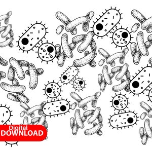 Puede incluir: Ilustraci&oacute;n en blanco y negro de l&iacute;nea de arte de varias formas de bacterias. Las bacterias est&aacute;n dibujadas de una manera simple y estilizada, algunas tienen una forma m&aacute;s redondeada y otras tienen una forma m&aacute;s alargada. La ilustraci&oacute;n est&aacute; sobre un fondo blanco.