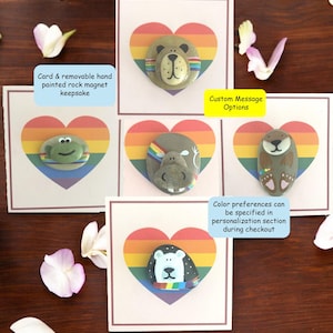 Aangepaste magneetkaart dieren, kikker, beer, otter, nijlpaard, ijsbeer, LGBTQ Pride regenbooghart, gepersonaliseerd aandenken