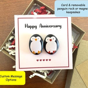 Gepersonaliseerde pinguïn kiezelmagneet aandenkens en kaart, papieren jubileumcadeau vriendje, een jaar getrouwd, 1e verjaardagscadeau voor koppels