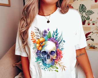 Camisa de calavera floral, camiseta de calavera de flores, camiseta gráfica Gobblincore Boho, camisa de Halloween de otoño de calavera de floración, esqueleto botánico brujo de gran tamaño