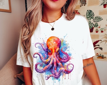 Akvarell bläckfiskskjorta, strandälskare-t-shirt, bläckfiskälskare-present, tentakel-t-shirt, sommarbläckfisk-t-shirt, topp med havsdjur, nautisk skjorta