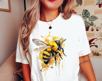 Akvarell humla-t-shirts för kvinnor, Rädda bina-t-shirt, roliga honungsbi-kläder, mamma-t-shirts, present till biälskare, bidrottningstoppar