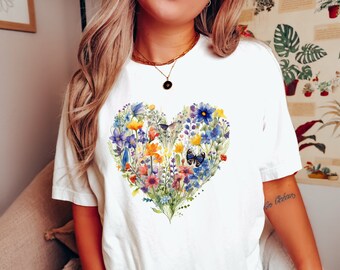 Blumen-Herz-Shirt, Wildblumen-T-Shirt, Wildblumen-Shirt, Blumen-T-Shirt, Blumen-Shirt, Geschenk für Frauen, Damen-Shirts, beste Freundin Geschenk
