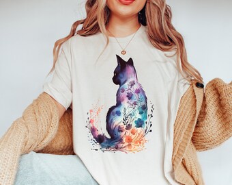 Camisa de gato floral de acuarela, camisa amante de los gatos, camiseta de silueta de gato, regalo de amante de los animales, camiseta de mamá gato, camisa de animal floral, camisa de gato negro