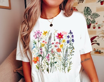 Aquarel Vintage Cottagecore Shirt, Goblincore Shirt, Boho Wildflowers Shirt, Natuur Shirt, Botanisch Shirt, Tuinliefhebber Herfst Groene Heks