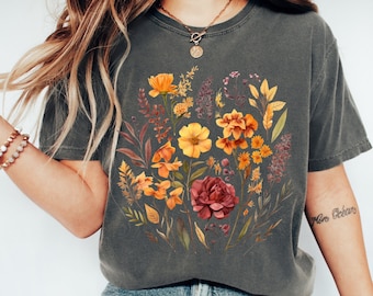 Vintage Cottagecore shirt, Goblincore shirt, Boho Wildflowers shirt, natuur shirt, botanisch shirt, tuinliefhebber herfst groene heks