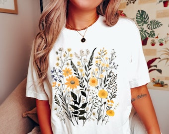Wildflower Tshirt, Wild Flowers Shirt, Floral Tshirt, Flower Shirt, Gift for Women, Ladies Shirts, Best Friend Gift, Black Botanical Shirt
