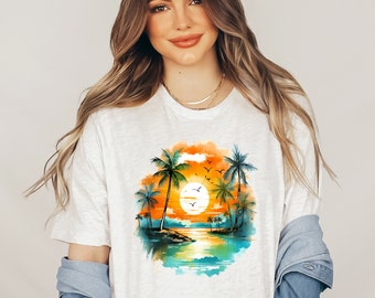 Tropical Sunset Summer Shirt, Summer Vibes Tee, Beach Shirt, Palm Tree T-Shirt, Summer Vacation Shirt, Beach Lover Tee, Sunset Shirt Gift
