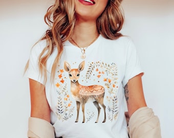 Aquarell Rehkitz Shirt | Skandinavische Folklore-Kunst | Wildtiere Natur T-Shirt | Cottagecore Damen T-Shirt | Forestcore Hirsch Kleidung