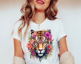 Aquarell Blumen Tiger Shirt, Boho Tiger T-Shirt, Wildtier Shirt, Tiger TShirt, Tiger Grafik T-Shirt, Tiger Liebhaber Geschenk für sie, trendiges Boho Top