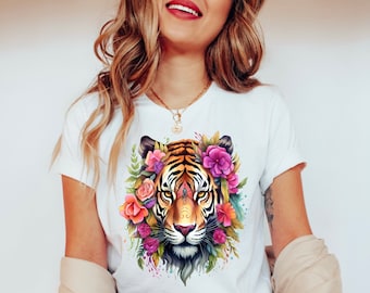 Chemise tigre floral aquarelle, t-shirt tigre bohème, chemise animal sauvage, t-shirt tigre, t-shirt graphique tigre, cadeau pour amoureux des tigres, haut bohème tendance