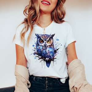 Watercolor Owl Graphic Shirt For Women, Colorful Cottagecore Animal Art, Woodland Forestcore Animal TShirt, Unisex Bella Canvas Tee