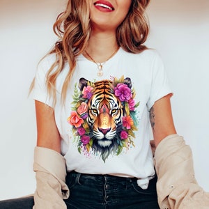 Watercolor Floral Tiger Shirt, Boho Tiger Tee, Wild Animal Shirt, Tiger TShirt, Tiger Graphic Tee, Tiger Lover Gift for Her, Trendy Boho Top