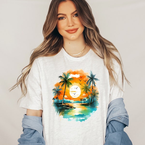 Tropical Sunset Summer Shirt, Summer Vibes Tee, Beach Shirt, Palm Tree T-Shirt, Summer Vacation Shirt, Beach Lover Tee, Sunset Shirt Gift