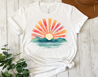 Retro Sonnenuntergang Strahlen gewelltes Shirt, Sonne Shirt, Retro Sonnenschein Shirt, Sonnenstrahlen T-Shirt, Beachy Vibes T-Shirt, Retro Sommerzeit, Sonnenuntergang Tshirt