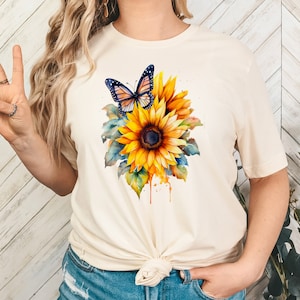Sunflower Butterfly Shirt, Butterfly Tee, Watercolor Sunflower, Floral Shirt, Flower Gift for her, Botanical Tee, Sunflower Graphic Tee