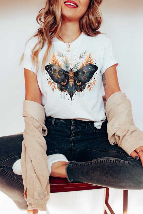 Mystical Moth T-Shirt, Gothic Insect Graphic Tee, Boho Celestial Shirt, Vintage Nature Design, Occult Aesthetic Apparel, Witchy Fashion