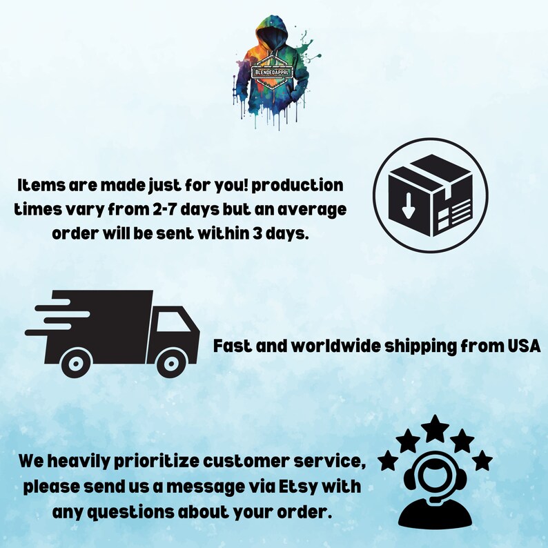 May include: Illustration of a delivery truck, a box with a downward arrow, and a customer service representative with five stars. Text reads: "Items are made just for you! Production times vary from 2-7 days but an average order will be sent within 3 days. Fast and worldwide shipping from USA. We heavily prioritize customer service, please send us a message via Etsy with any questions about your order."