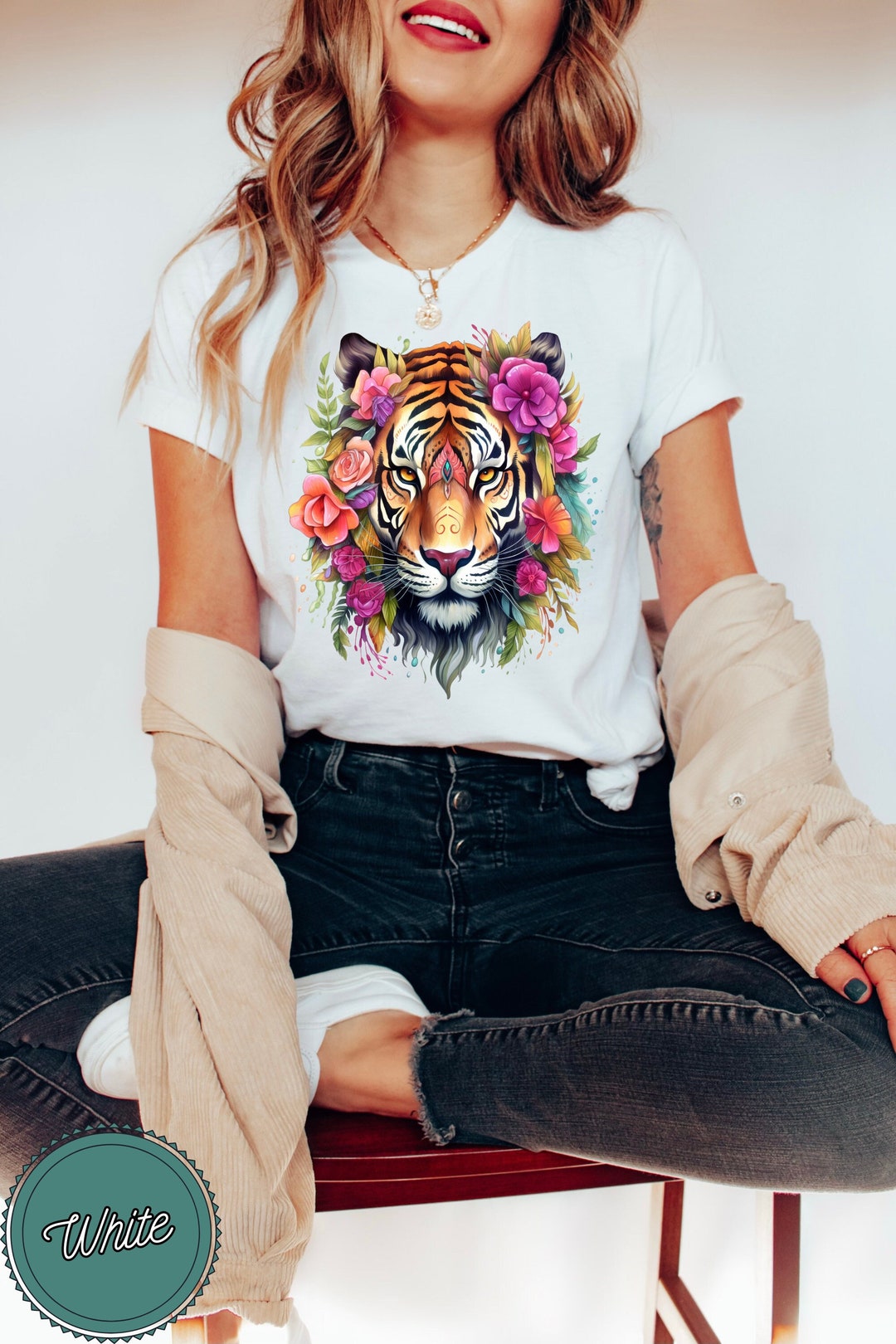 Watercolor Floral Tiger Shirt, Boho Tiger Tee, Wild Animal Shirt, Tiger ...