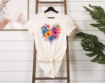 Camisa de corazón de flores, camiseta de corazón, top de corazón de acuarela, camisa de amor, camiseta de corazón floral, regalo de camisa de corazón lindo, camisa de flores, top botánico
