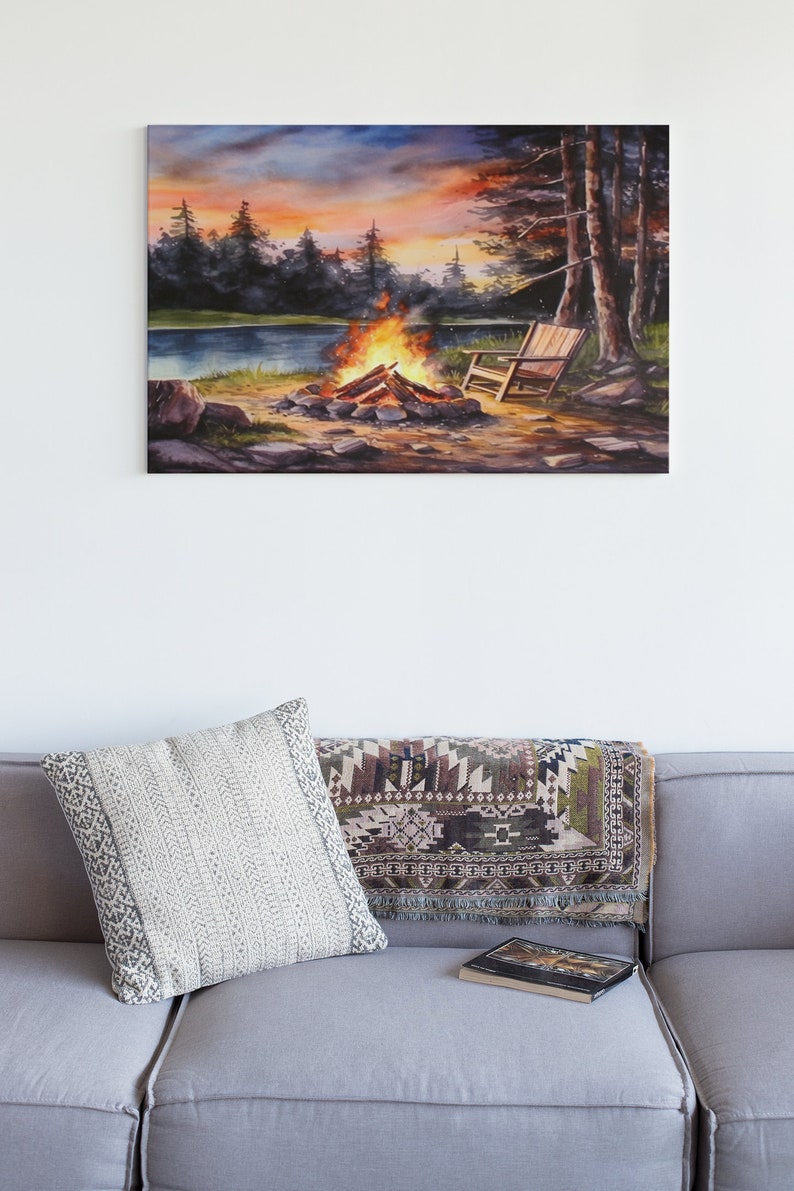 Watercolor Camping Canvas, Campfire Wall Art, Camping Wall Art, Living