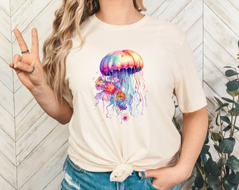 Watercolor Floral Jellyfish Shirt, Nautical Tee, Ocean Animal Top, Ocean wildlife t-shirt, Jellyfish Gift, Jellyfish Shirt, Summer Tee