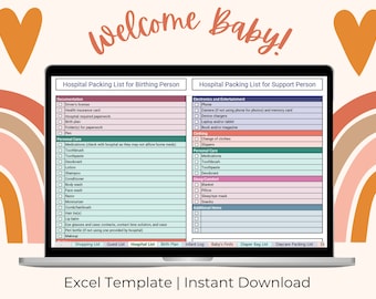 New Baby Excel Spreadsheet, Baby Shopping List, Newborn Checklist, Hospital Bag Checklist