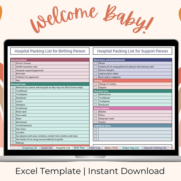 Nieuwe baby Excel-spreadsheet, baby-boodschappenlijst, checklist voor pasgeborenen, checklist voor ziekenhuistas