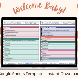 May include: A Google Sheets template displayed on a laptop screen, featuring a pink and green colour scheme. The template is labelled "Hospital Packing List for Birthing Person" and "Hospital Packing List for Support Person". It includes a checklist of items to pack for a hospital stay, such as documentation, personal care items, electronics, and clothing.