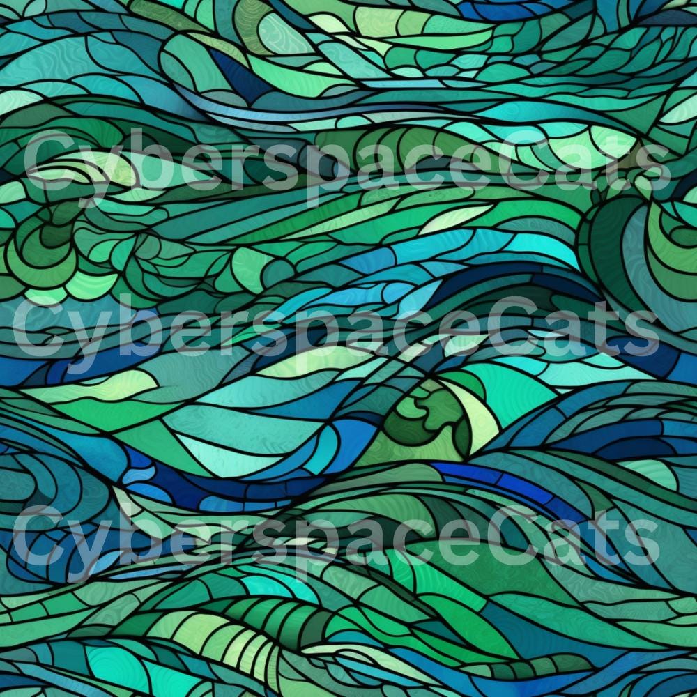 Digital Download, Repeatable Pattern, Stained Glass, Waves, Blue, Green ...