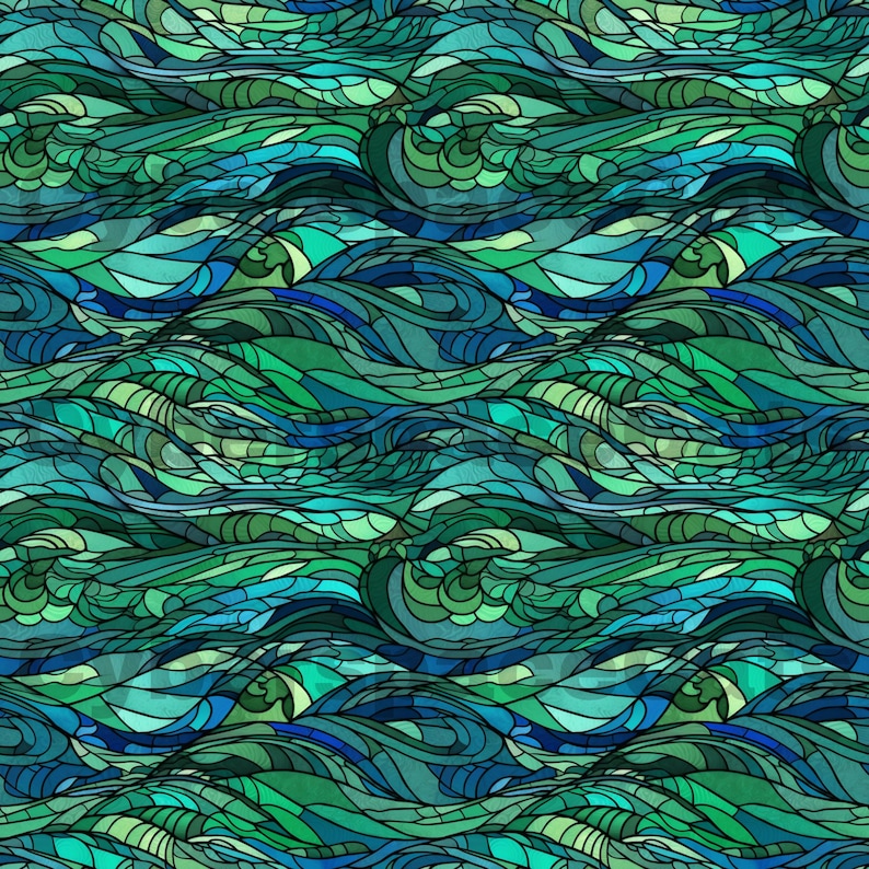 Digital Download, Repeatable Pattern, Stained Glass, Waves, Blue, Green ...