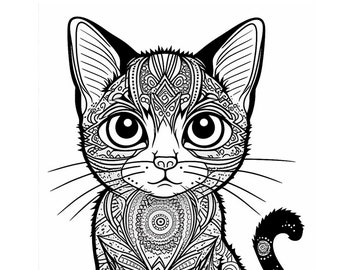 25 Cat Mandala Coloring Pages _ Instant Download_ Grayscale Coloring Pages, Printable PDF, Coloring Pages