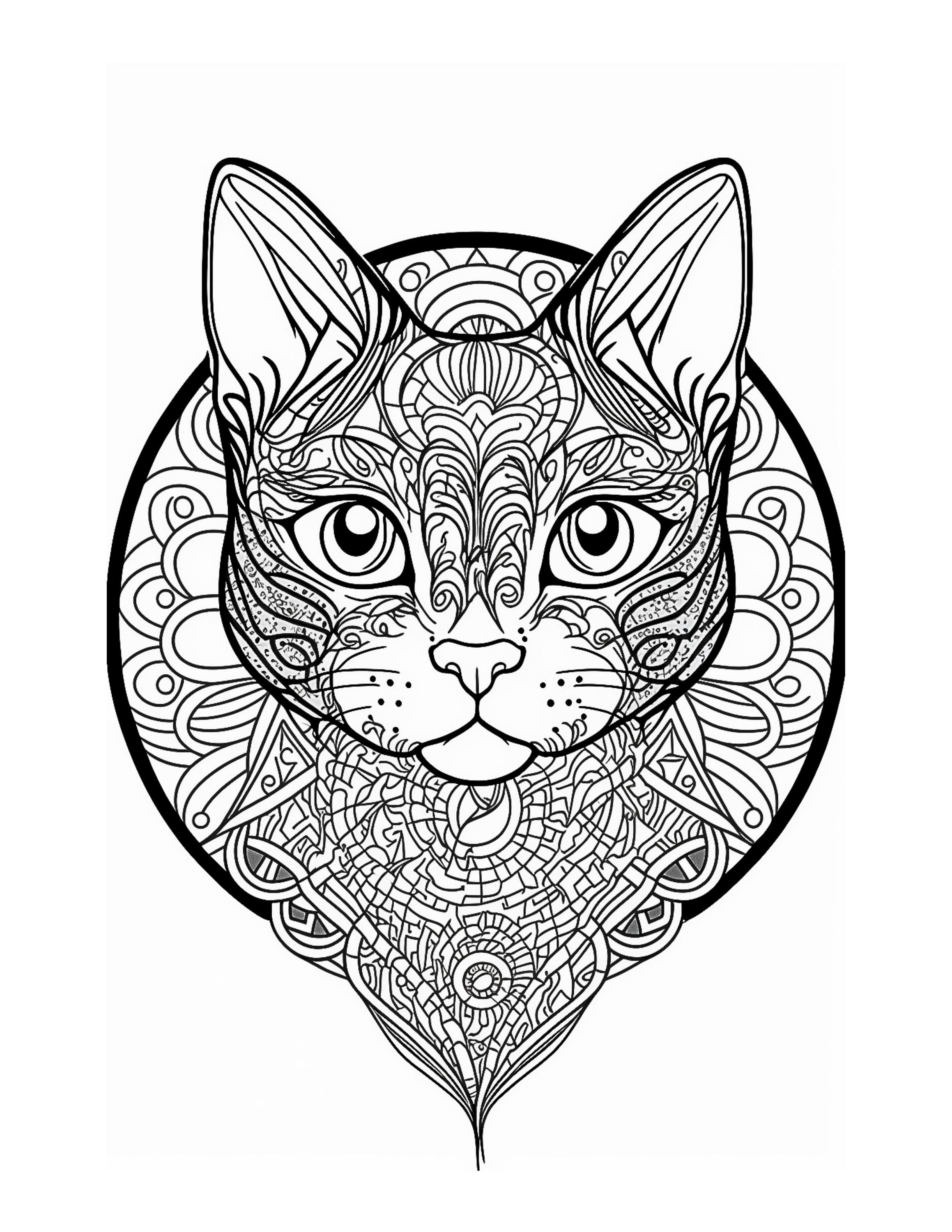7 Cat Mandala Coloring Pages VII _ Instant Download_ Grayscale Coloring ...
