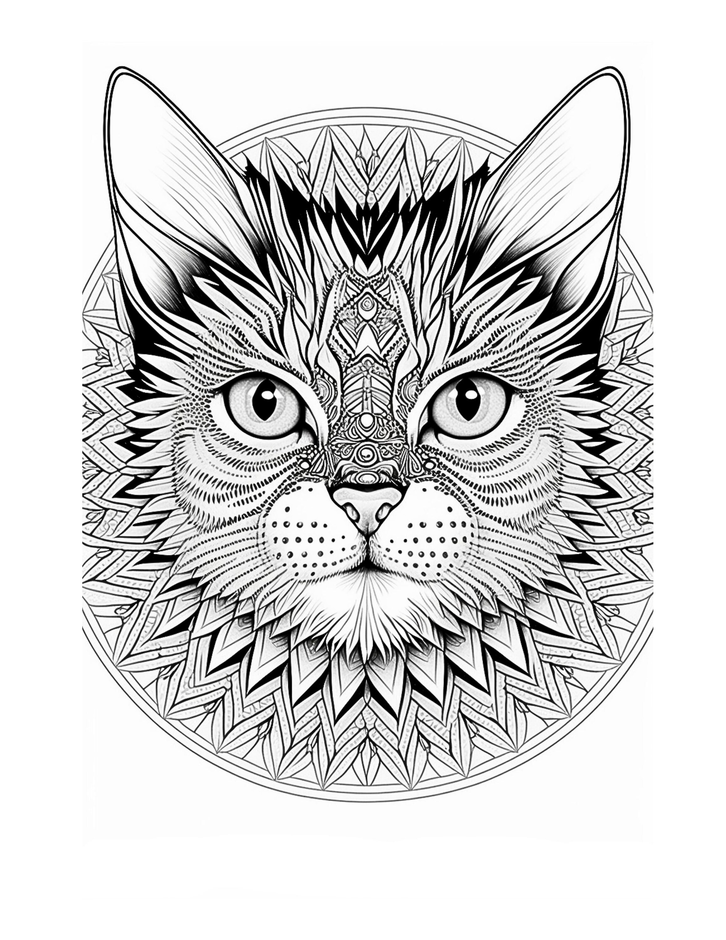 7 Cat Mandala Coloring Pages IV _ Instant Download_ Grayscale Coloring ...