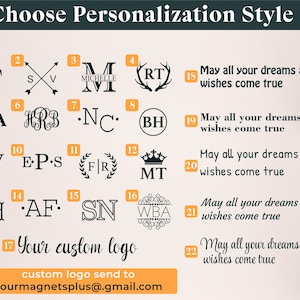 May include: Image showcasing personalization styles with various monogram options, including initials, names, and custom logos. The text "Choose Personalization Style" is at the top, with options numbered 1-22. The image also includes the text "Your custom logo" and an email address.